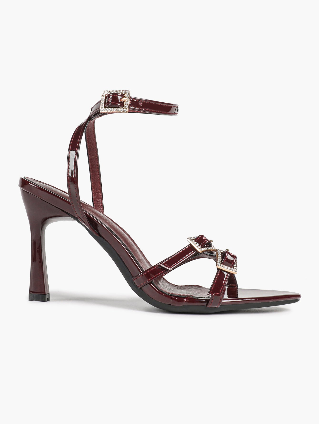 Women's Rhinestone Buckle Heeled Sandals Pointed Toe Ankle Strap Block Heels Night Out Party