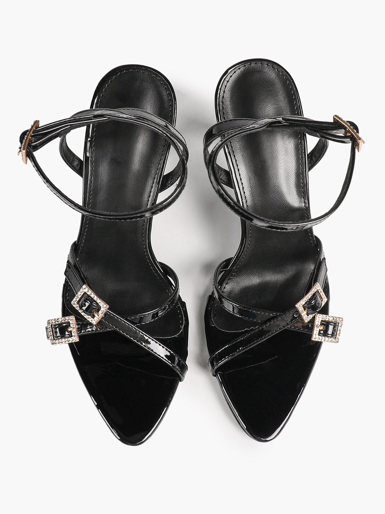 Women's Rhinestone Buckle Heeled Sandals Pointed Toe Ankle Strap Block Heels Night Out Party