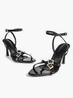 Women's Rhinestone Buckle Heeled Sandals Pointed Toe Ankle Strap Block Heels Night Out Party