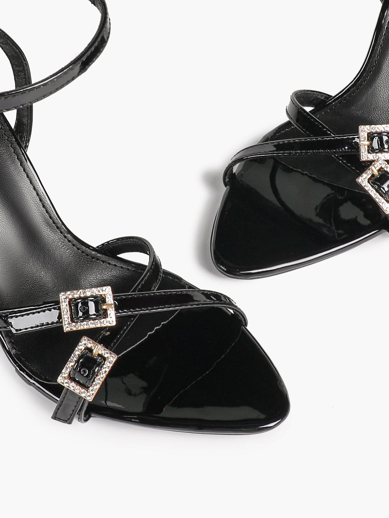 Women's Rhinestone Buckle Heeled Sandals Pointed Toe Ankle Strap Block Heels Night Out Party