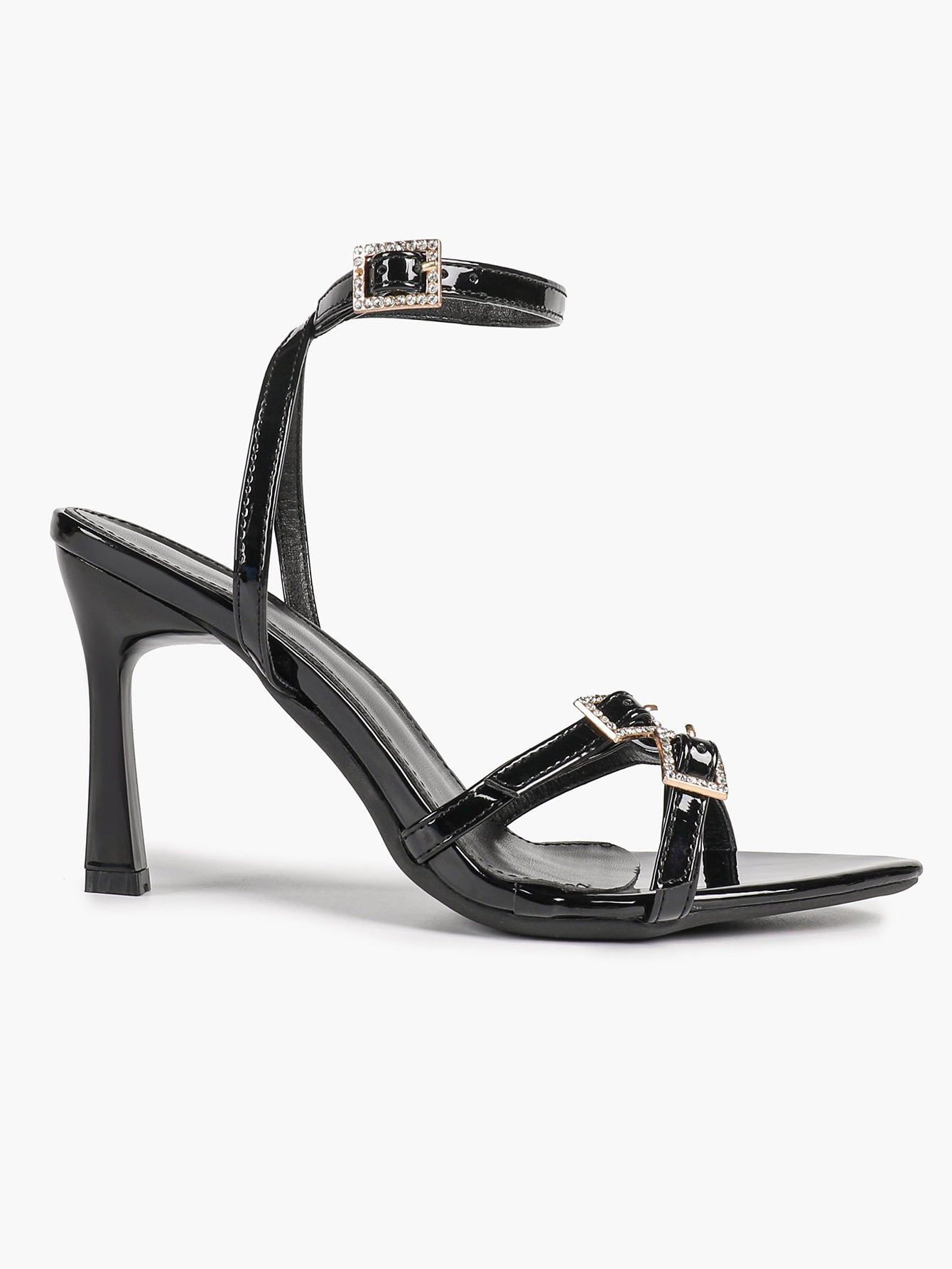Women's Rhinestone Buckle Heeled Sandals Pointed Toe Ankle Strap Block Heels Night Out Party