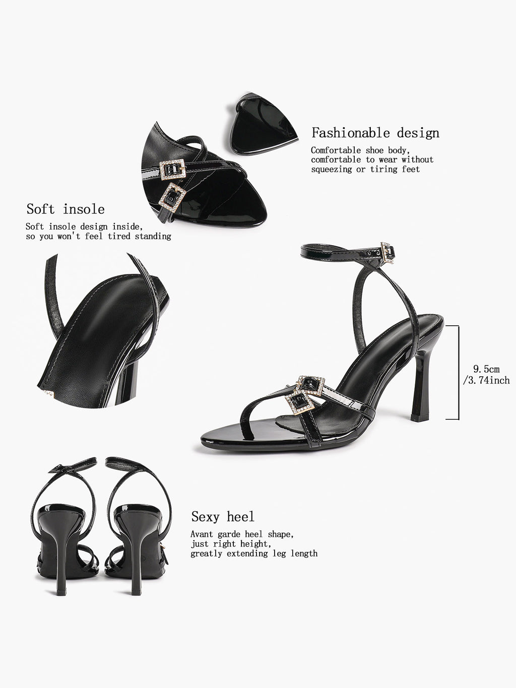 Women's Rhinestone Buckle Heeled Sandals Pointed Toe Ankle Strap Block Heels Night Out Party