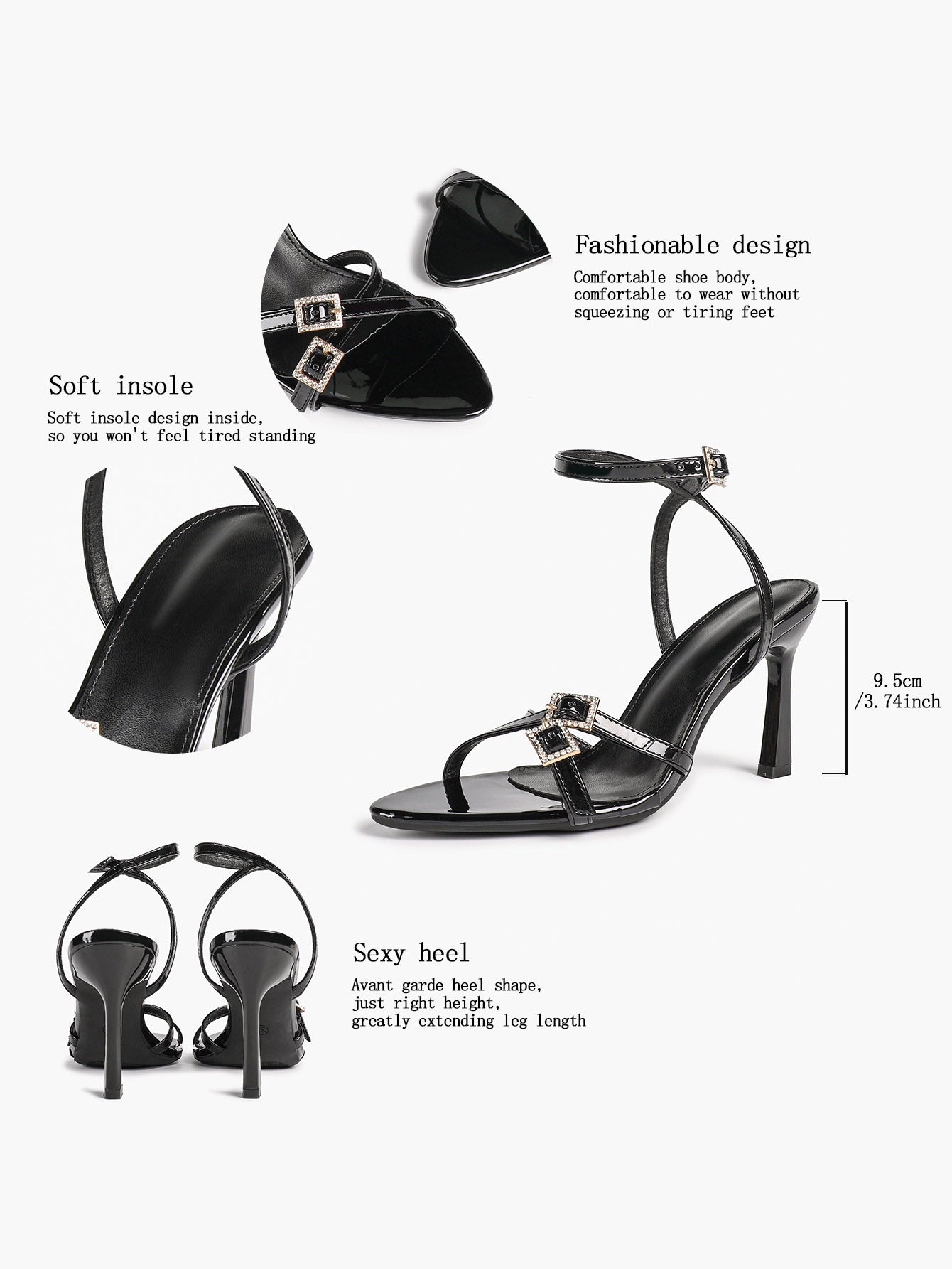Women's Rhinestone Buckle Heeled Sandals Pointed Toe Ankle Strap Block Heels Night Out Party