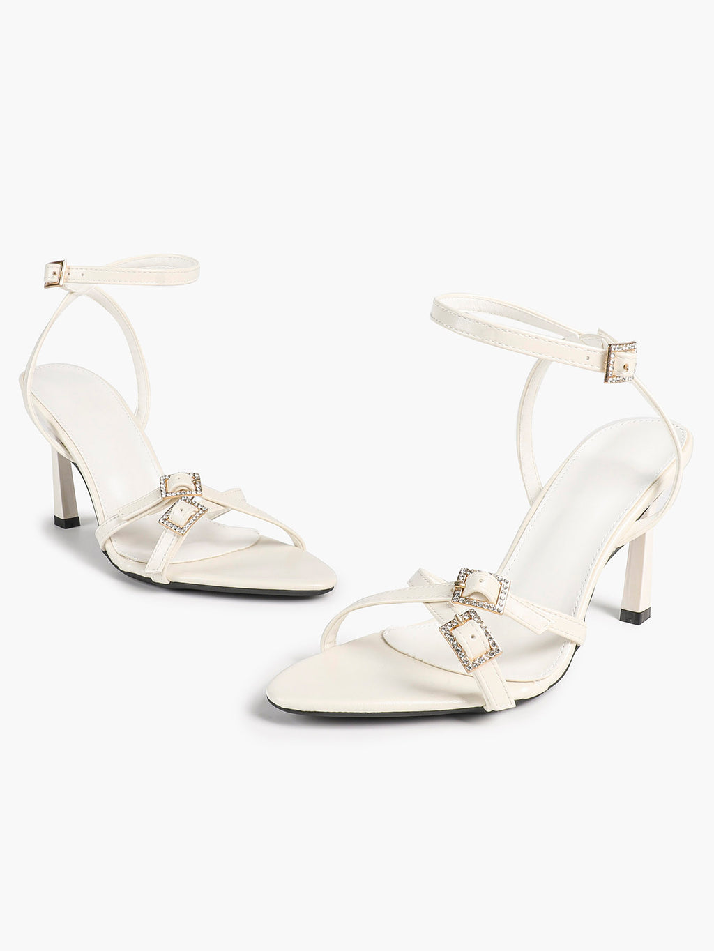 Women's Rhinestone Buckle Heeled Sandals Pointed Toe Ankle Strap Block Heels Night Out Party