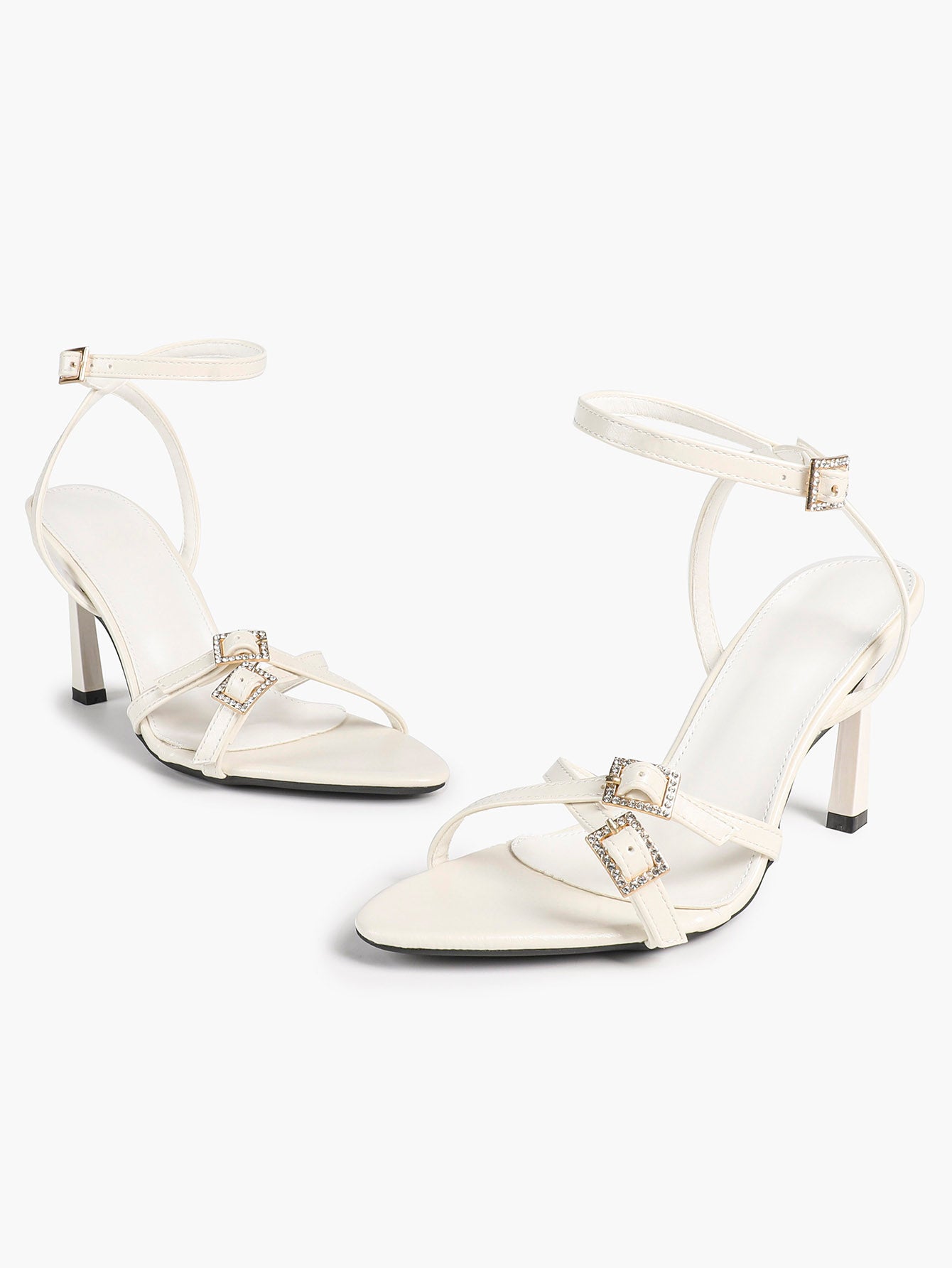 Women's Rhinestone Buckle Heeled Sandals Pointed Toe Ankle Strap Block Heels Night Out Party