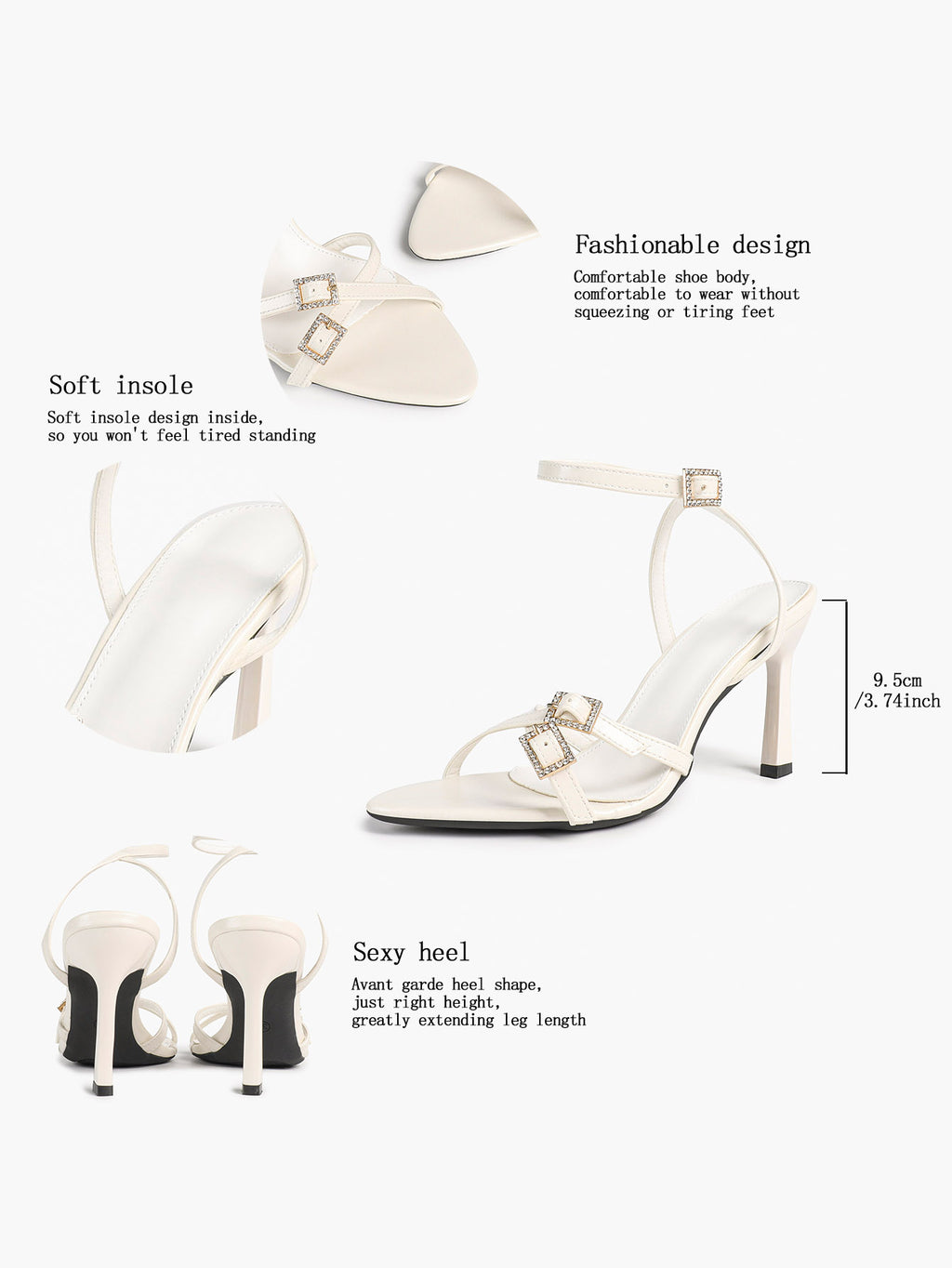Women's Rhinestone Buckle Heeled Sandals Pointed Toe Ankle Strap Block Heels Night Out Party