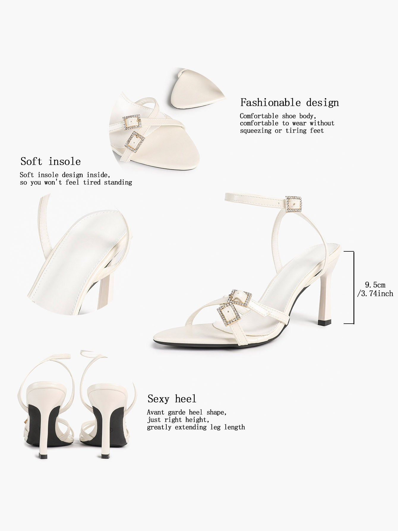 Women's Rhinestone Buckle Heeled Sandals Pointed Toe Ankle Strap Block Heels Night Out Party