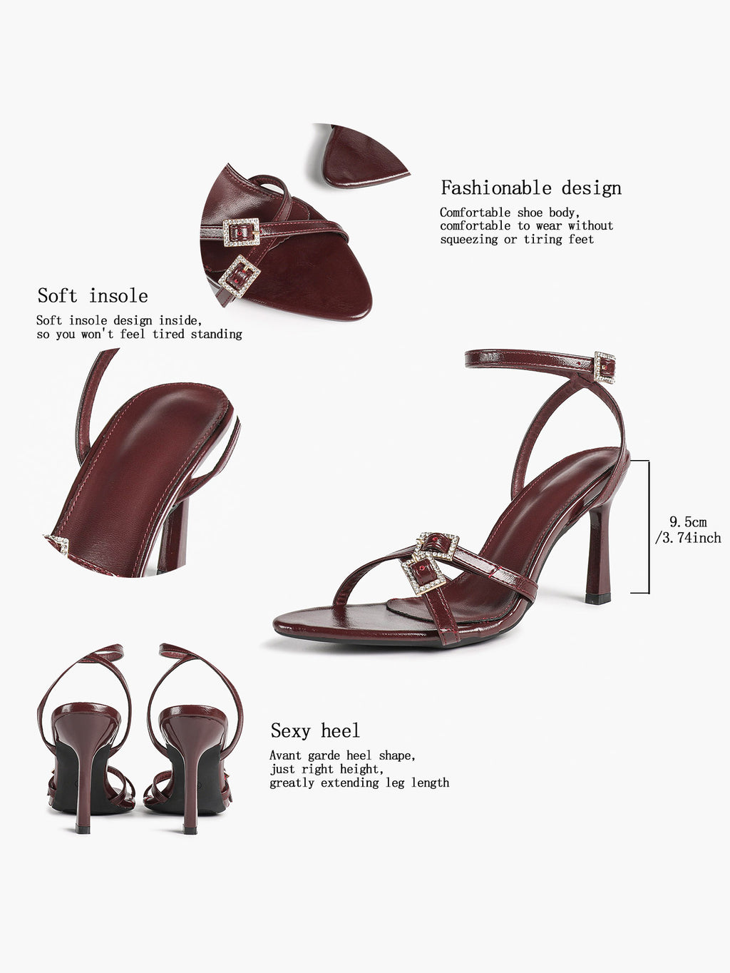 Women's Rhinestone Buckle Heeled Sandals Pointed Toe Ankle Strap Block Heels Night Out Party