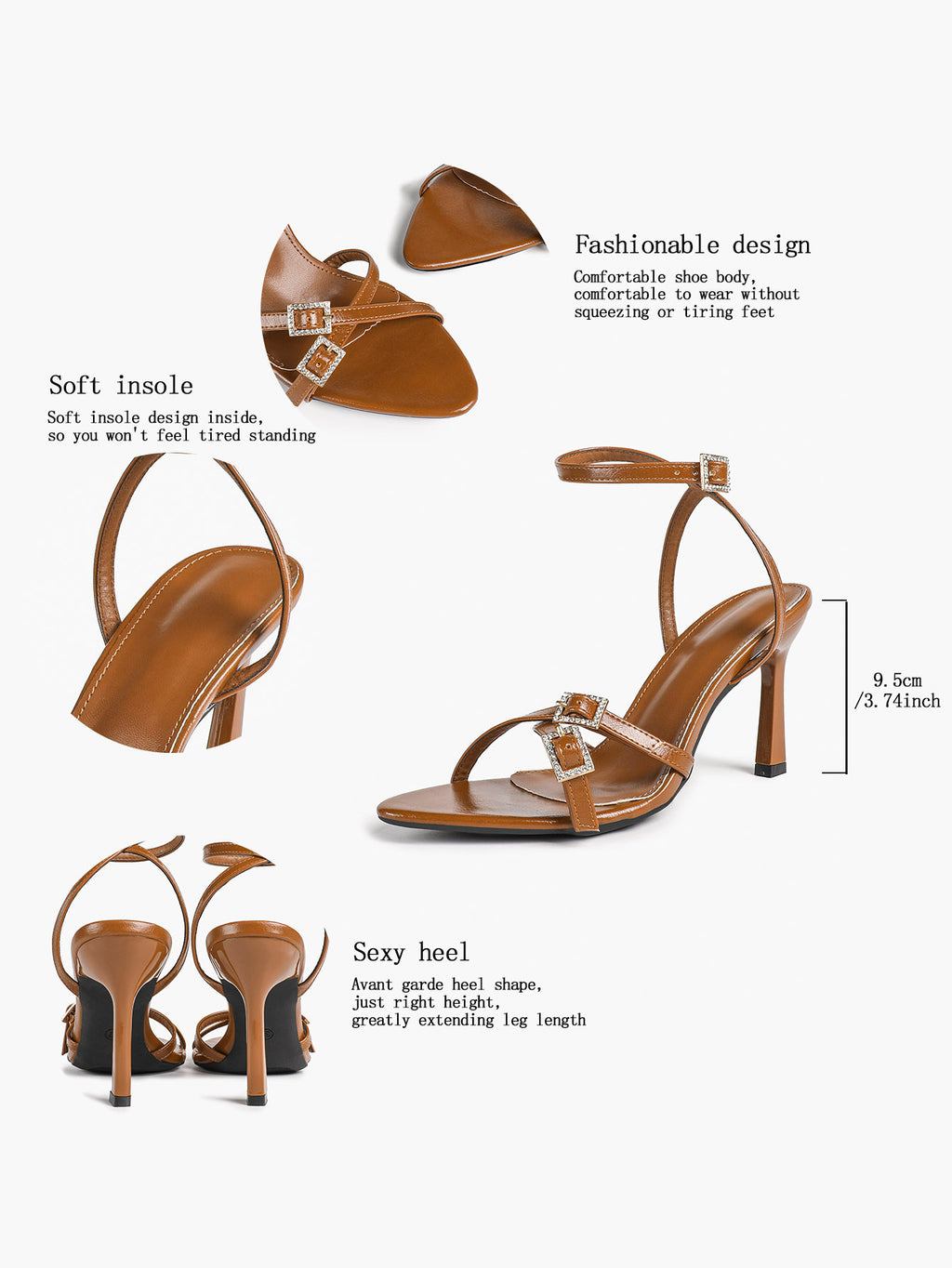 Women's Rhinestone Buckle Heeled Sandals Pointed Toe Ankle Strap Block Heels Night Out Party