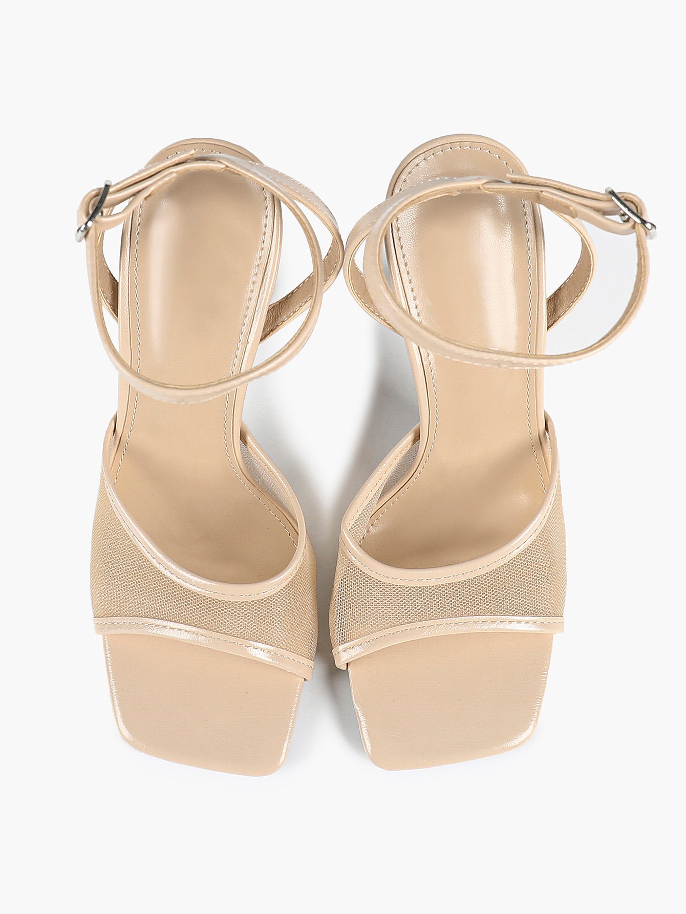 Mesh Panel Ankle Strap Heeled Sandals Square Toe Stiletto Pumps Wedding Party Office