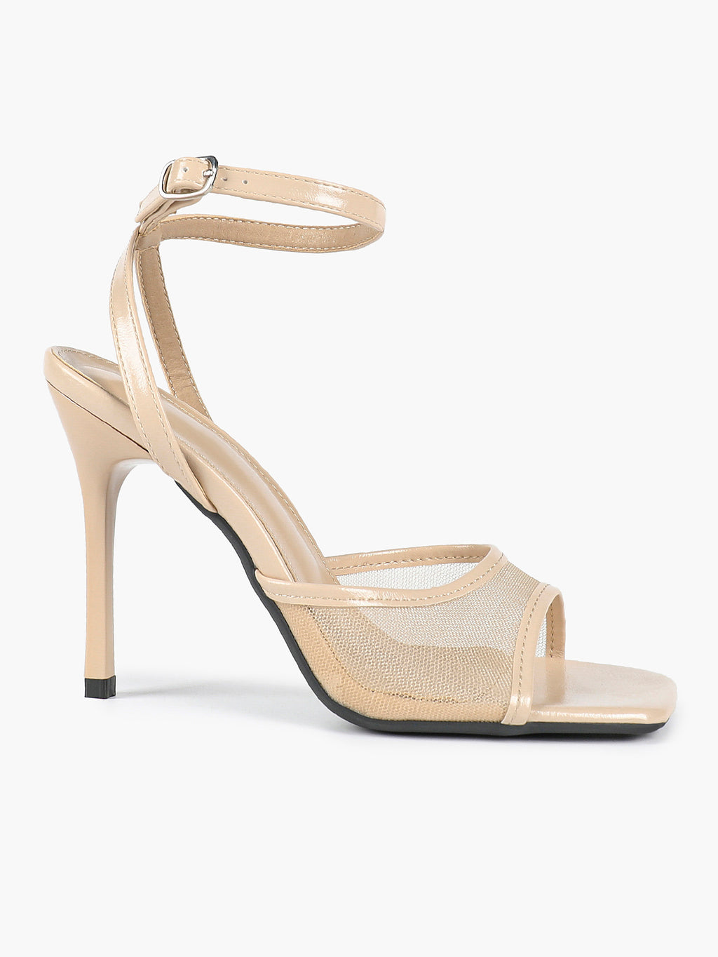Mesh Panel Ankle Strap Heeled Sandals Square Toe Stiletto Pumps Wedding Party Office