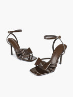 Patent Leather Bow Ankle Strap Heeled Sandals, Square Toe Stiletto Pumps Party Festive