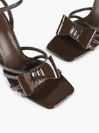 Patent Leather Bow Ankle Strap Heeled Sandals, Square Toe Stiletto Pumps Party Festive