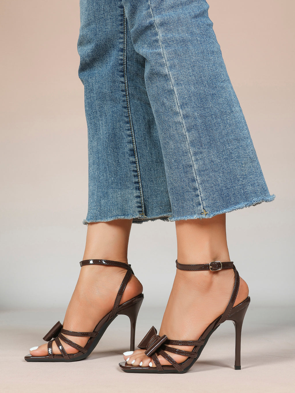 Patent Leather Bow Ankle Strap Heeled Sandals, Square Toe Stiletto Pumps Party Festive
