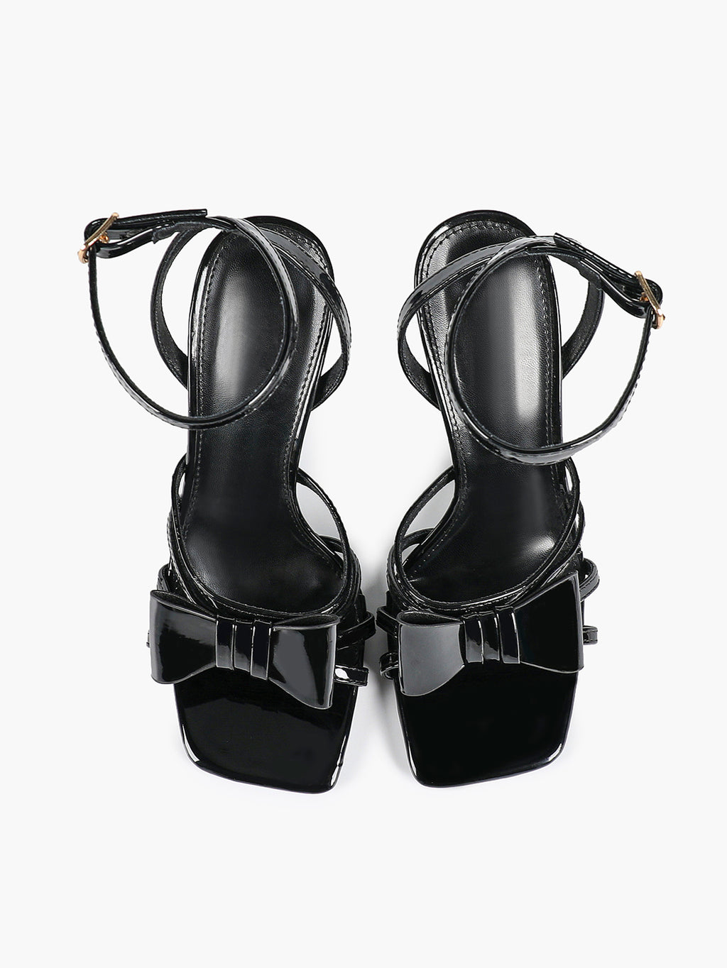 Patent Leather Bow Ankle Strap Heeled Sandals, Square Toe Stiletto Pumps Party Festive