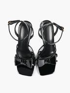 Patent Leather Bow Ankle Strap Heeled Sandals, Square Toe Stiletto Pumps Party Festive