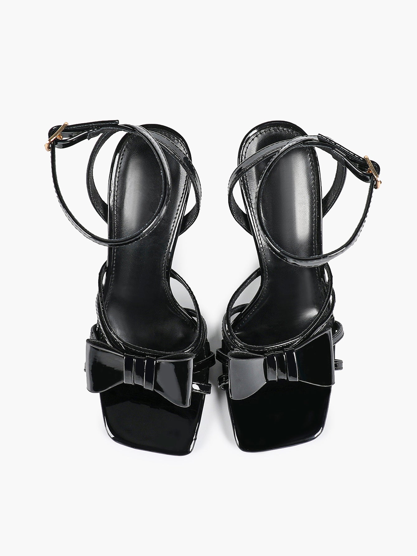 Patent Leather Bow Ankle Strap Heeled Sandals, Square Toe Stiletto Pumps Party Festive
