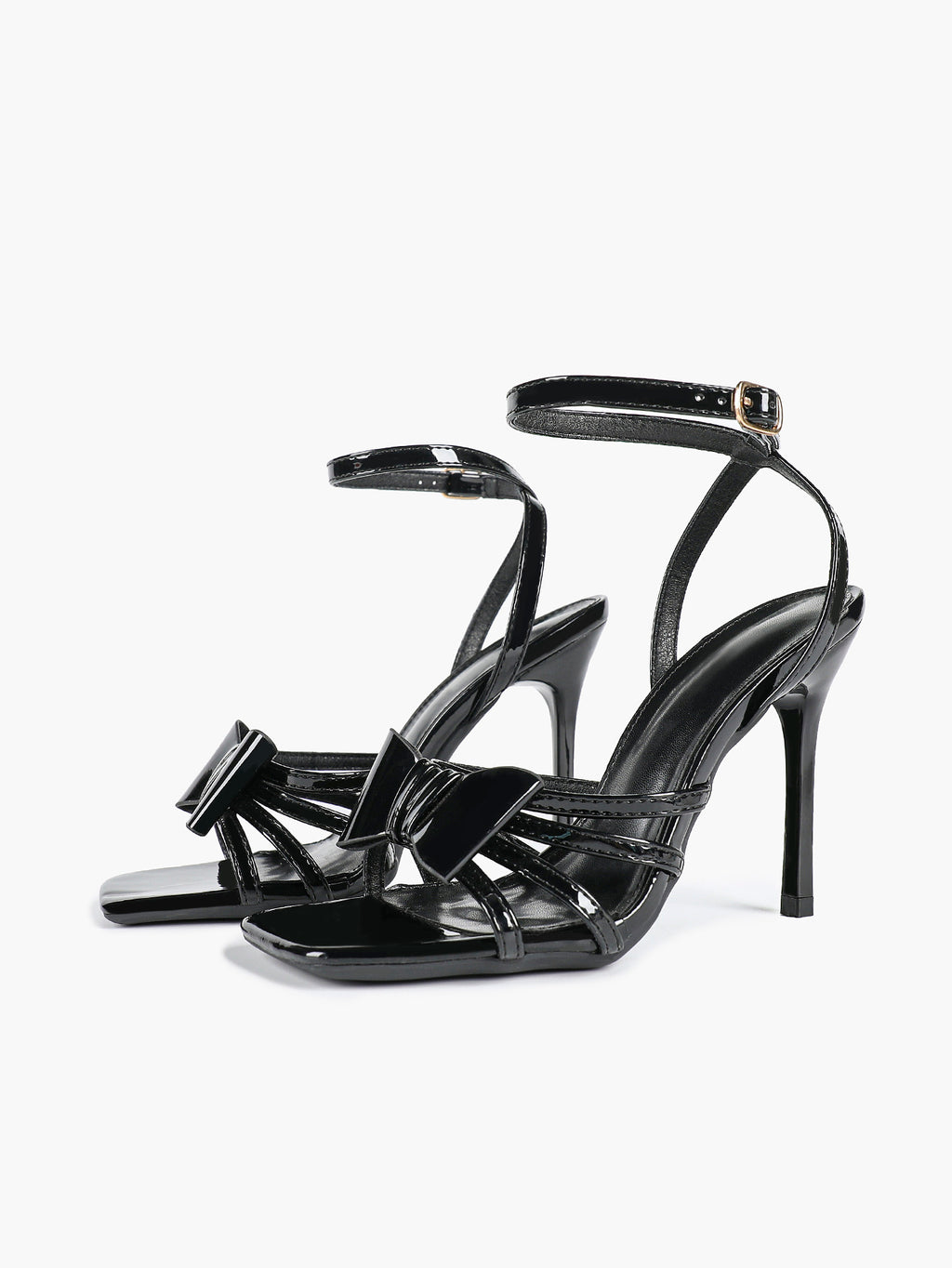 Patent Leather Bow Ankle Strap Heeled Sandals, Square Toe Stiletto Pumps Party Festive