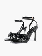 Patent Leather Bow Ankle Strap Heeled Sandals, Square Toe Stiletto Pumps Party Festive