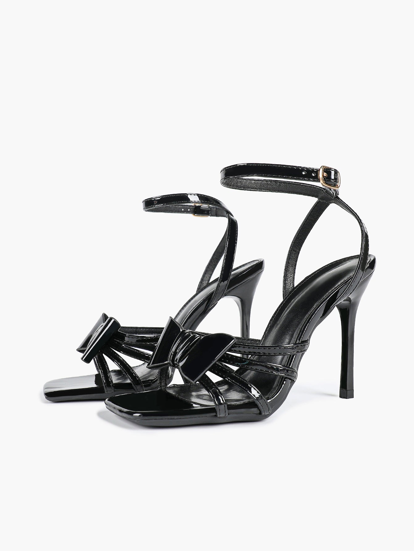 Patent Leather Bow Ankle Strap Heeled Sandals, Square Toe Stiletto Pumps Party Festive