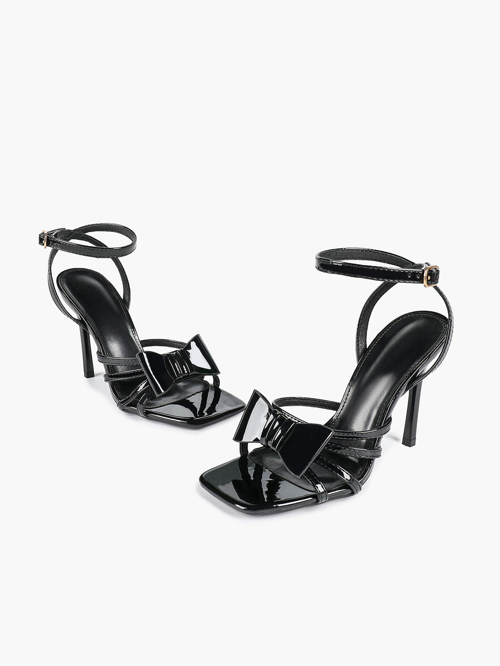Patent Leather Bow Ankle Strap Heeled Sandals, Square Toe Stiletto Pumps Party Festive