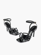 Patent Leather Bow Ankle Strap Heeled Sandals, Square Toe Stiletto Pumps Party Festive