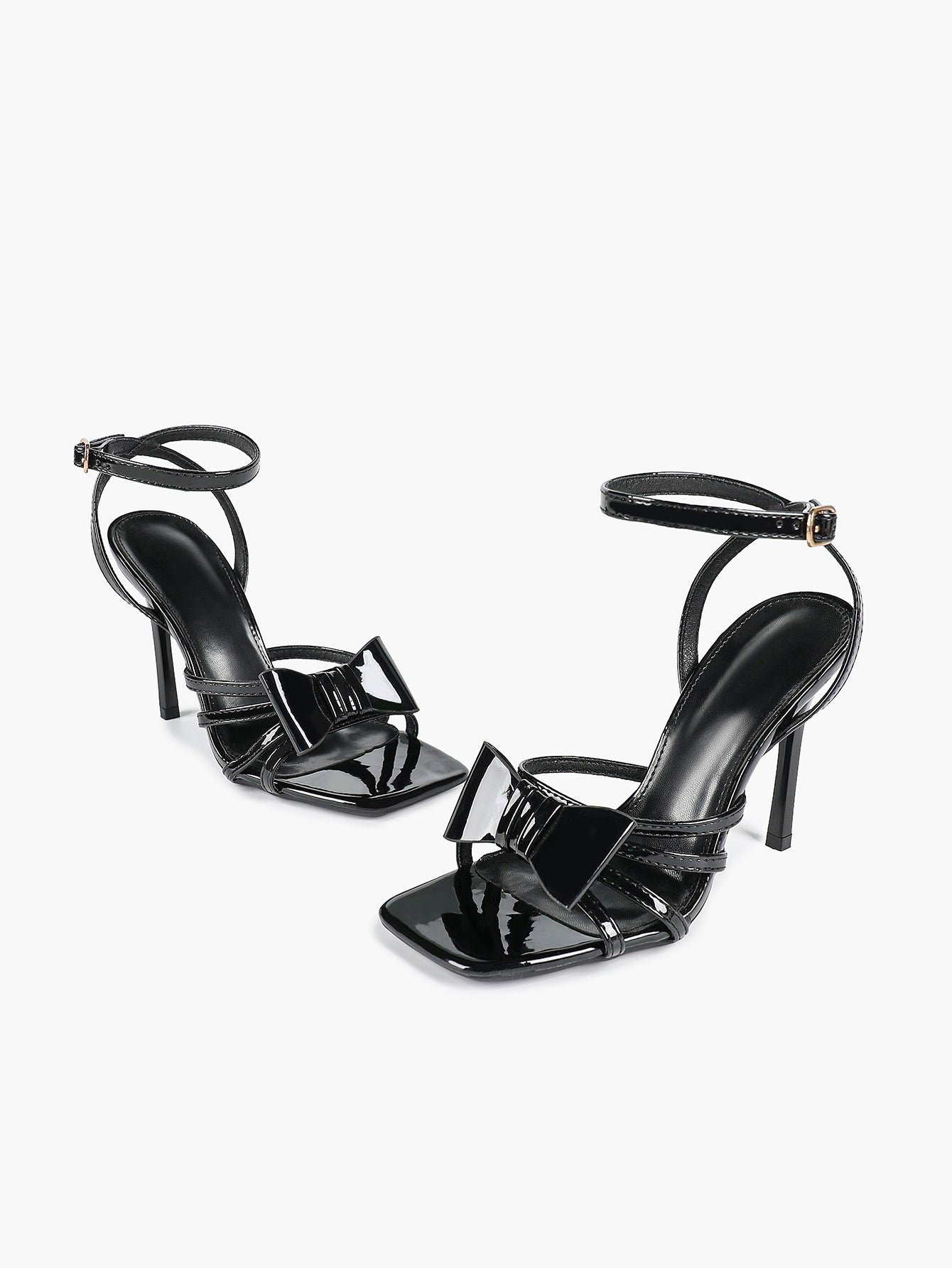 Patent Leather Bow Ankle Strap Heeled Sandals, Square Toe Stiletto Pumps Party Festive