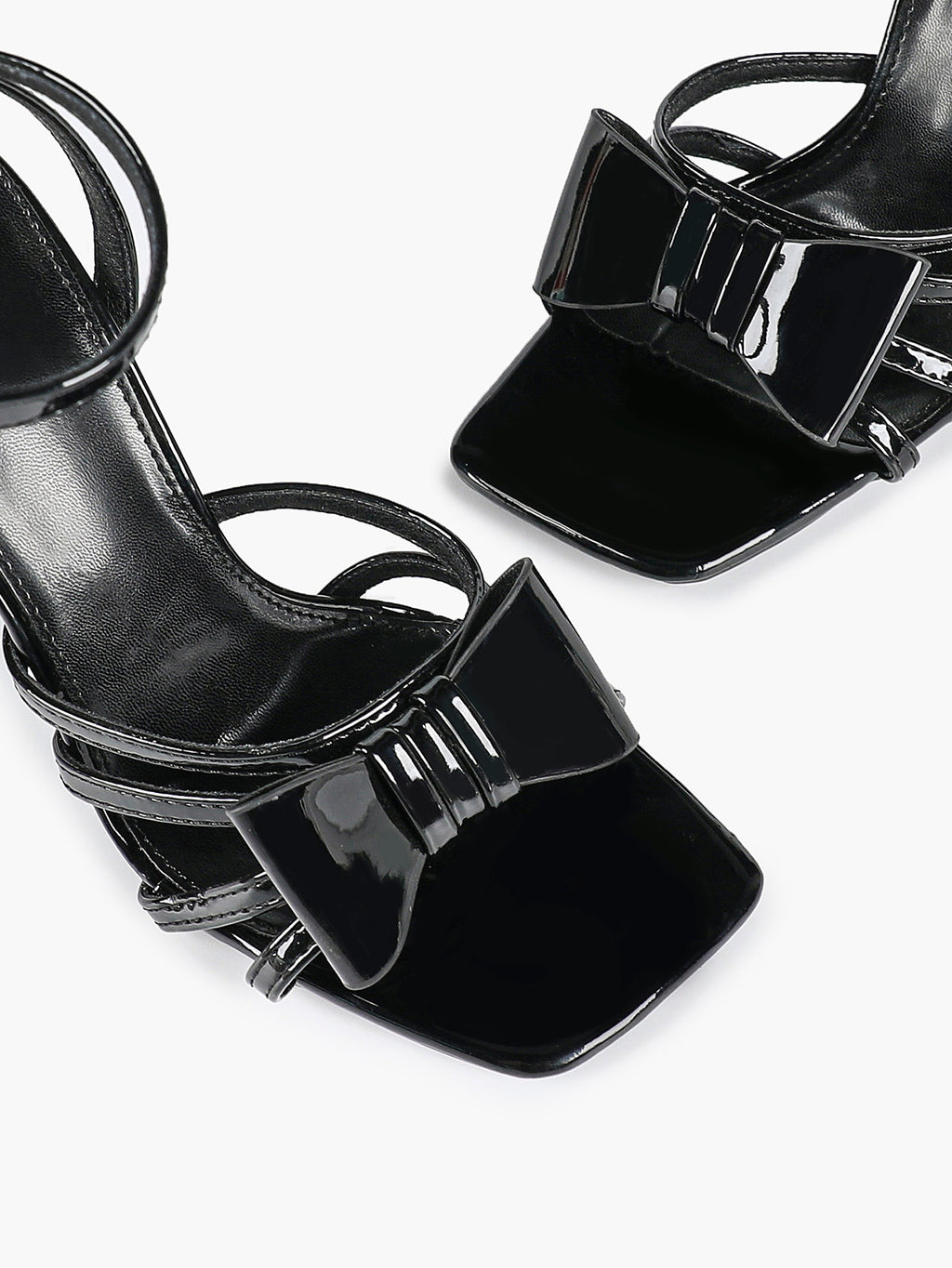 Patent Leather Bow Ankle Strap Heeled Sandals, Square Toe Stiletto Pumps Party Festive