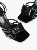 Patent Leather Bow Ankle Strap Heeled Sandals, Square Toe Stiletto Pumps Party Festive