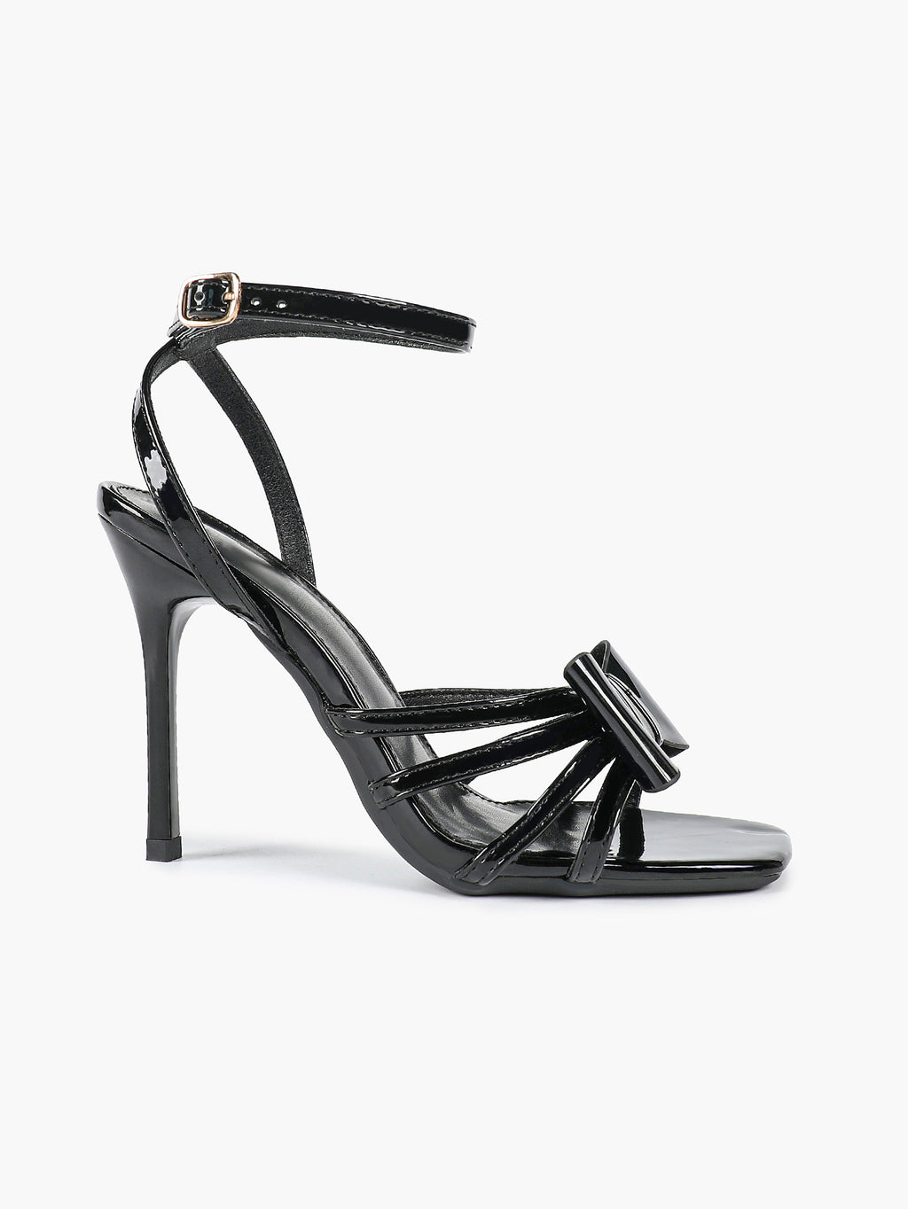 Patent Leather Bow Ankle Strap Heeled Sandals, Square Toe Stiletto Pumps Party Festive