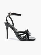 Patent Leather Bow Ankle Strap Heeled Sandals, Square Toe Stiletto Pumps Party Festive
