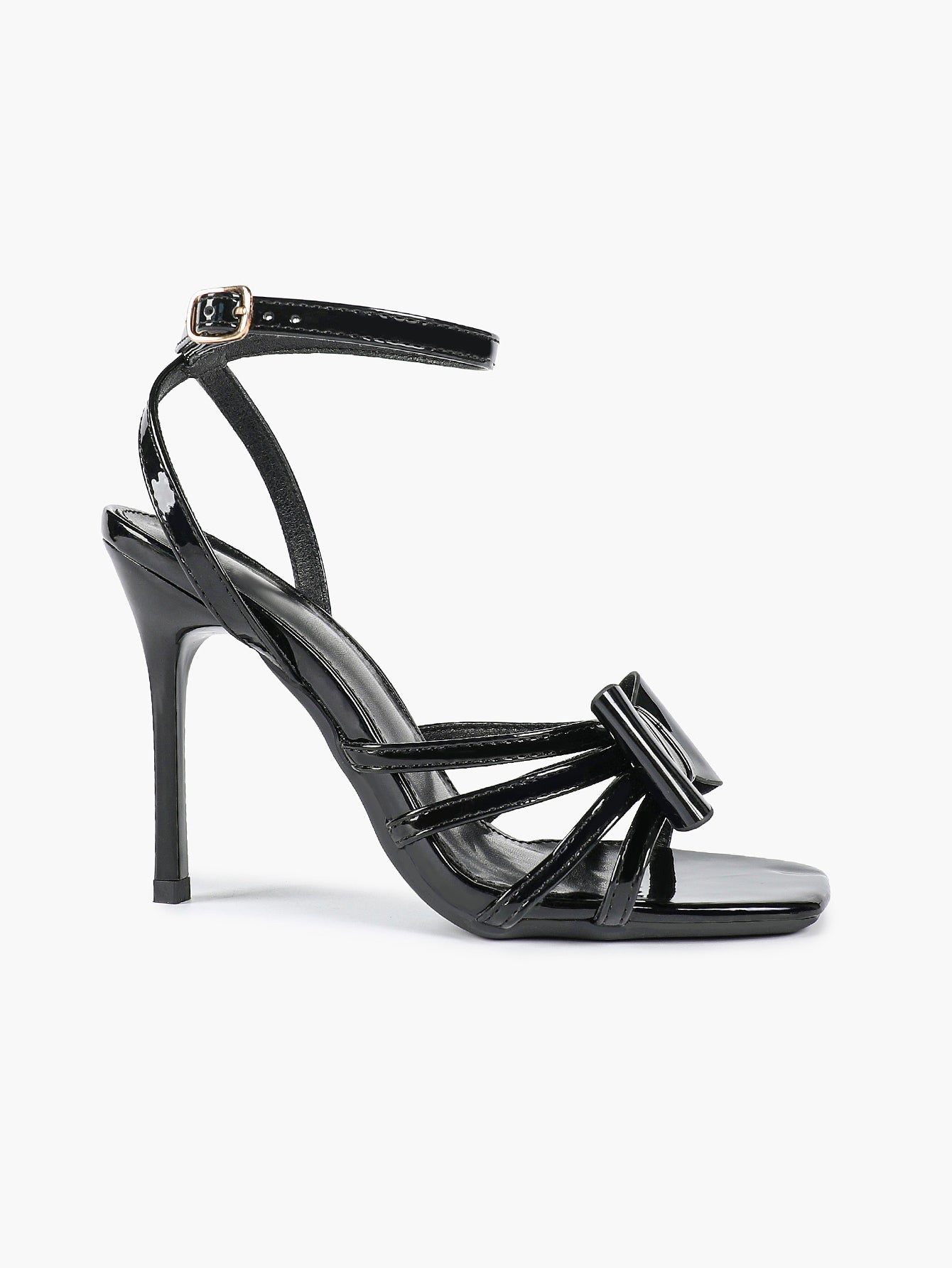 Patent Leather Bow Ankle Strap Heeled Sandals, Square Toe Stiletto Pumps Party Festive