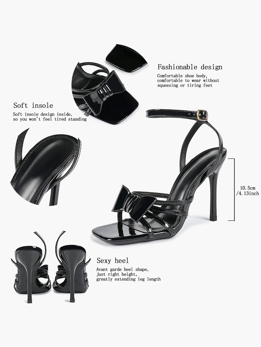 Patent Leather Bow Ankle Strap Heeled Sandals, Square Toe Stiletto Pumps Party Festive
