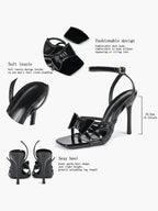Patent Leather Bow Ankle Strap Heeled Sandals, Square Toe Stiletto Pumps Party Festive