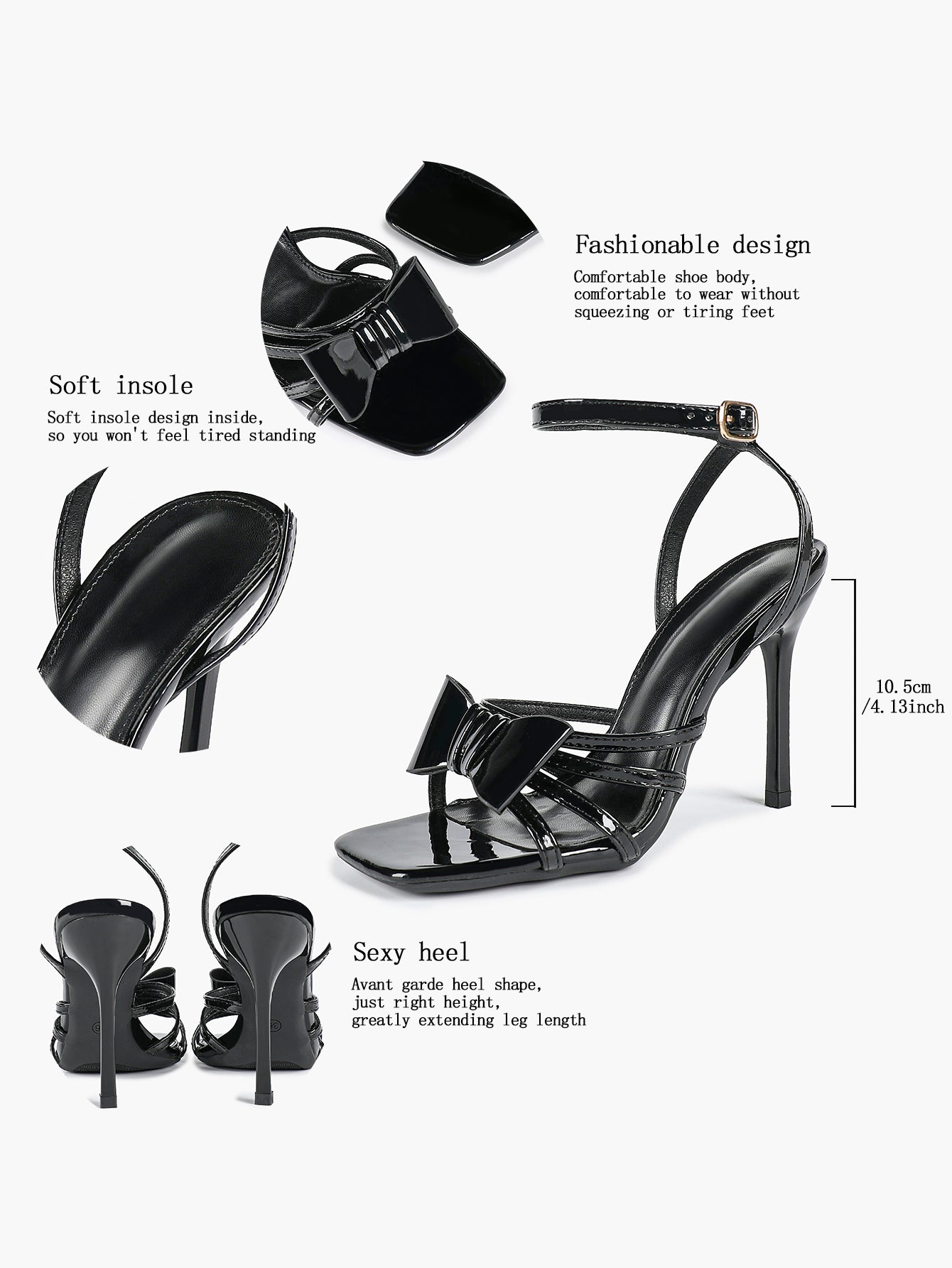 Patent Leather Bow Ankle Strap Heeled Sandals, Square Toe Stiletto Pumps Party Festive