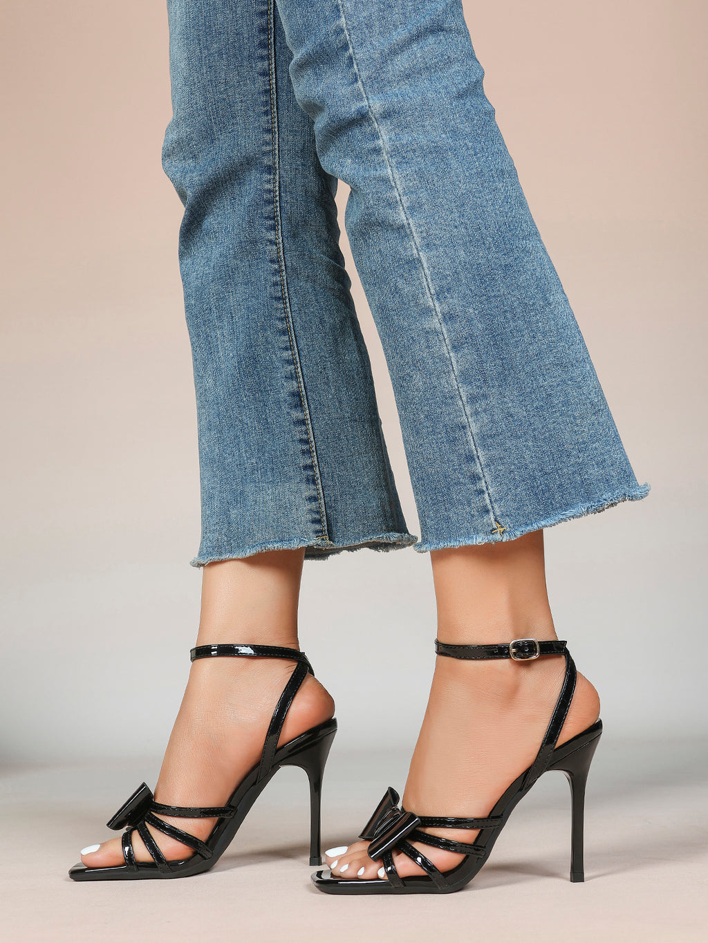 Patent Leather Bow Ankle Strap Heeled Sandals, Square Toe Stiletto Pumps Party Festive