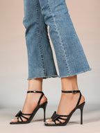 Patent Leather Bow Ankle Strap Heeled Sandals, Square Toe Stiletto Pumps Party Festive