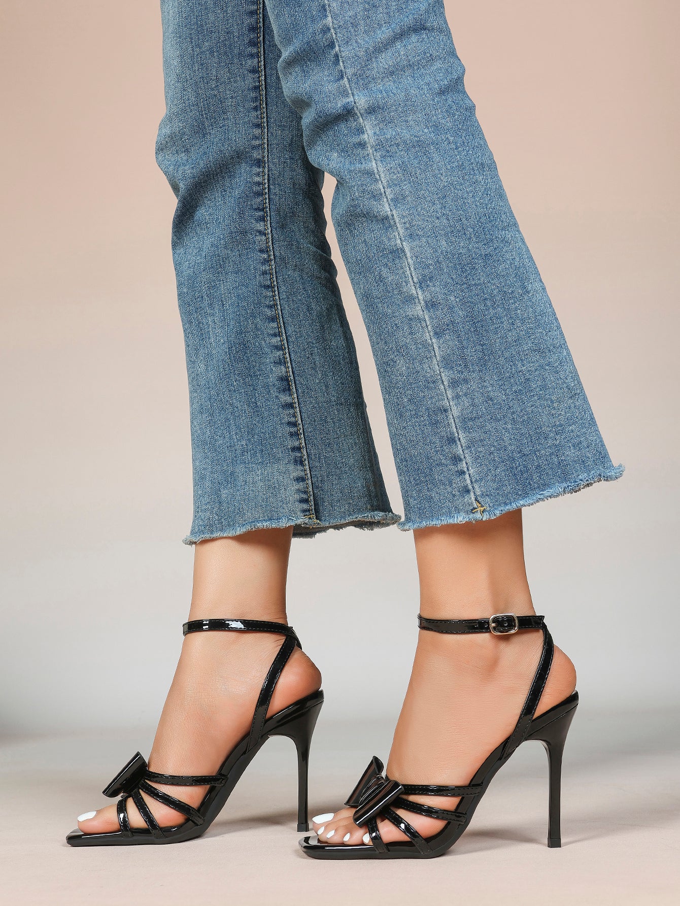 Patent Leather Bow Ankle Strap Heeled Sandals, Square Toe Stiletto Pumps Party Festive