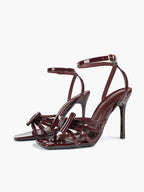 Patent Leather Bow Ankle Strap Heeled Sandals, Square Toe Stiletto Pumps Party Festive