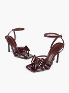 Patent Leather Bow Ankle Strap Heeled Sandals, Square Toe Stiletto Pumps Party Festive