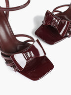 Patent Leather Bow Ankle Strap Heeled Sandals, Square Toe Stiletto Pumps Party Festive