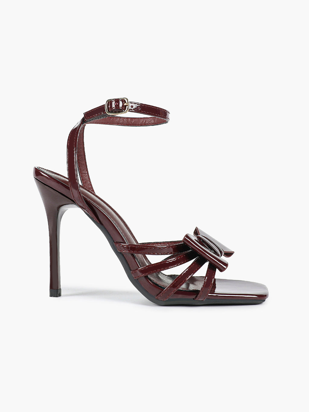 Patent Leather Bow Ankle Strap Heeled Sandals, Square Toe Stiletto Pumps Party Festive