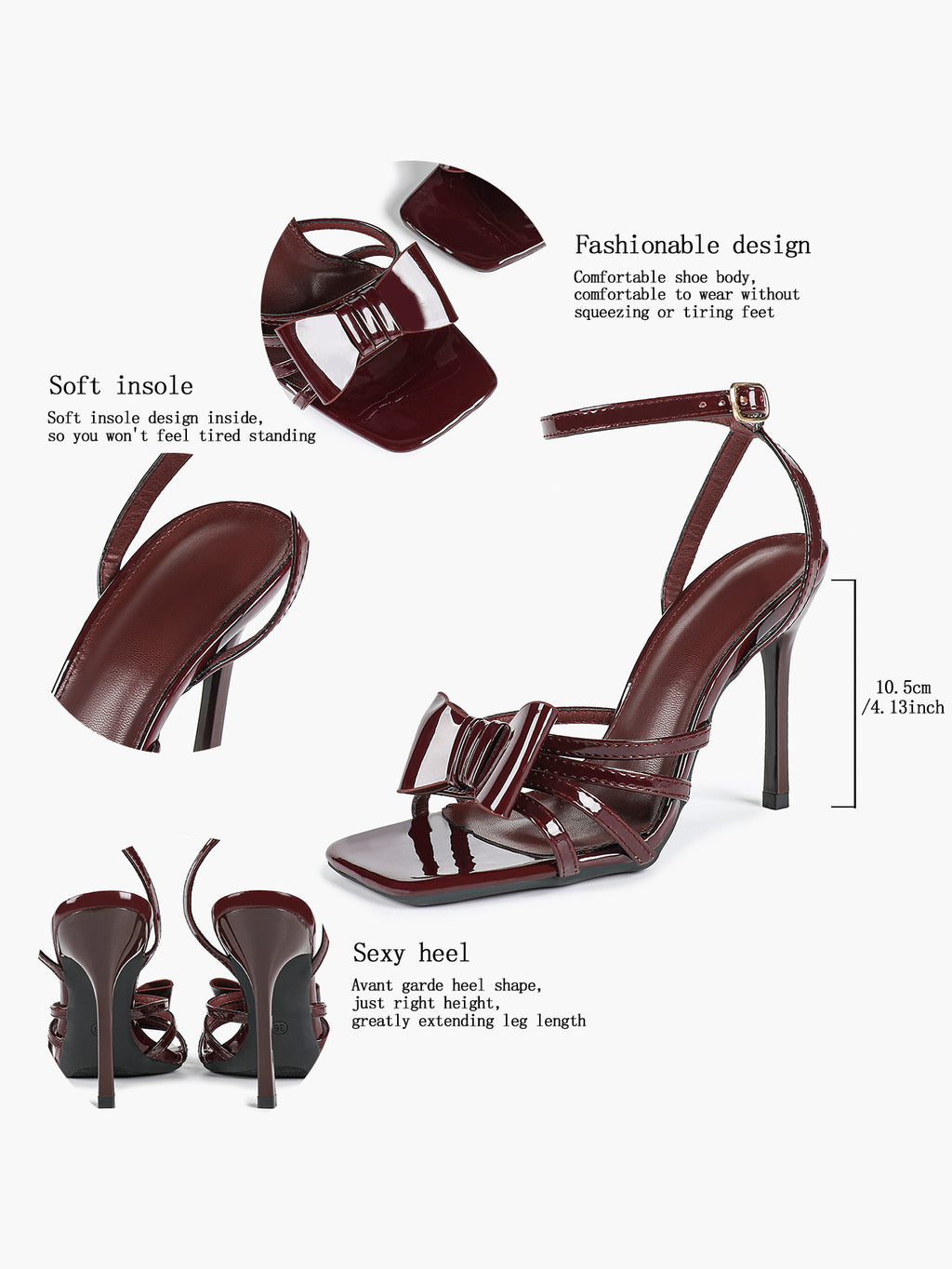 Patent Leather Bow Ankle Strap Heeled Sandals, Square Toe Stiletto Pumps Party Festive