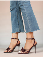 Patent Leather Bow Ankle Strap Heeled Sandals, Square Toe Stiletto Pumps Party Festive