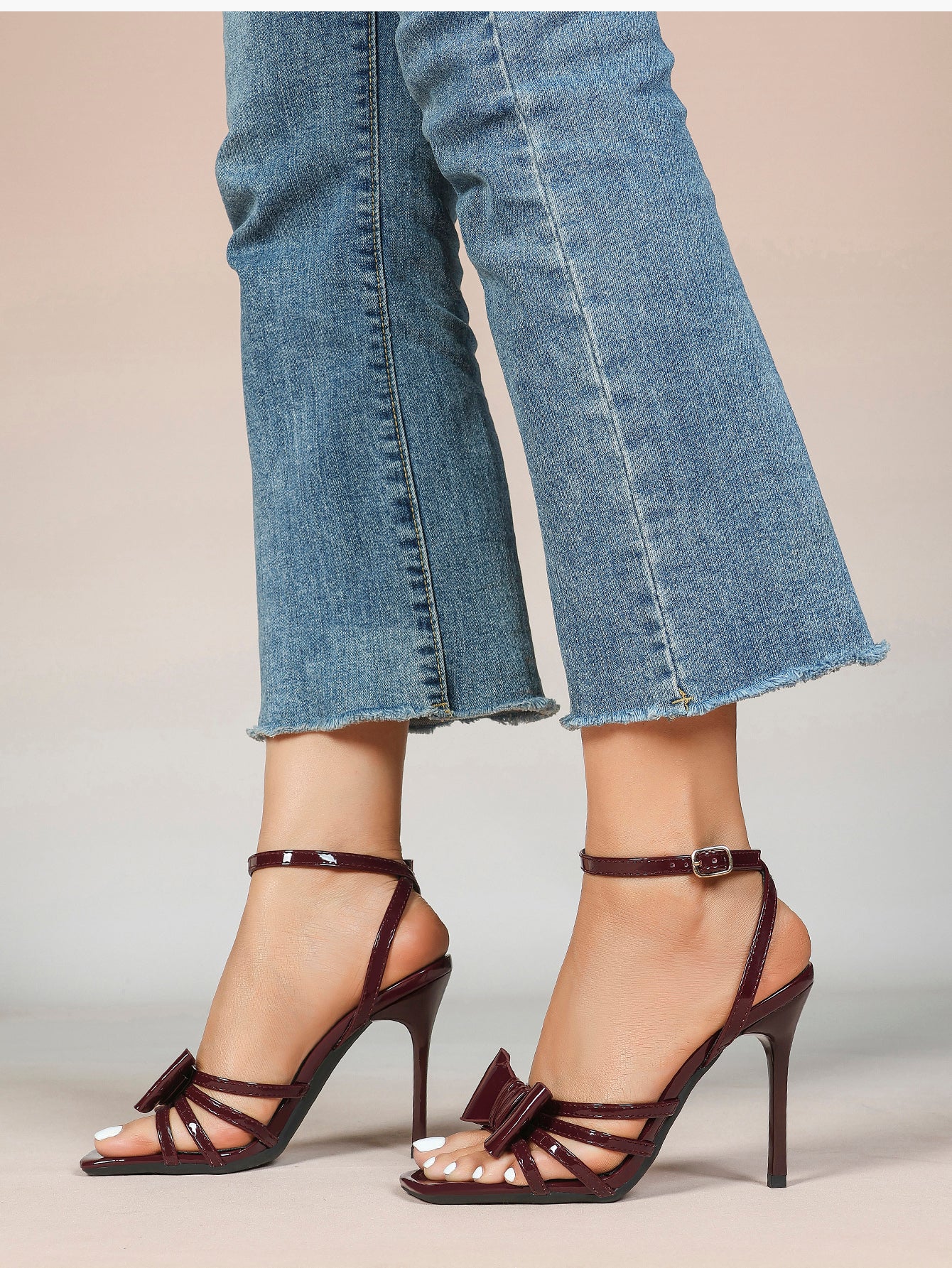 Patent Leather Bow Ankle Strap Heeled Sandals, Square Toe Stiletto Pumps Party Festive