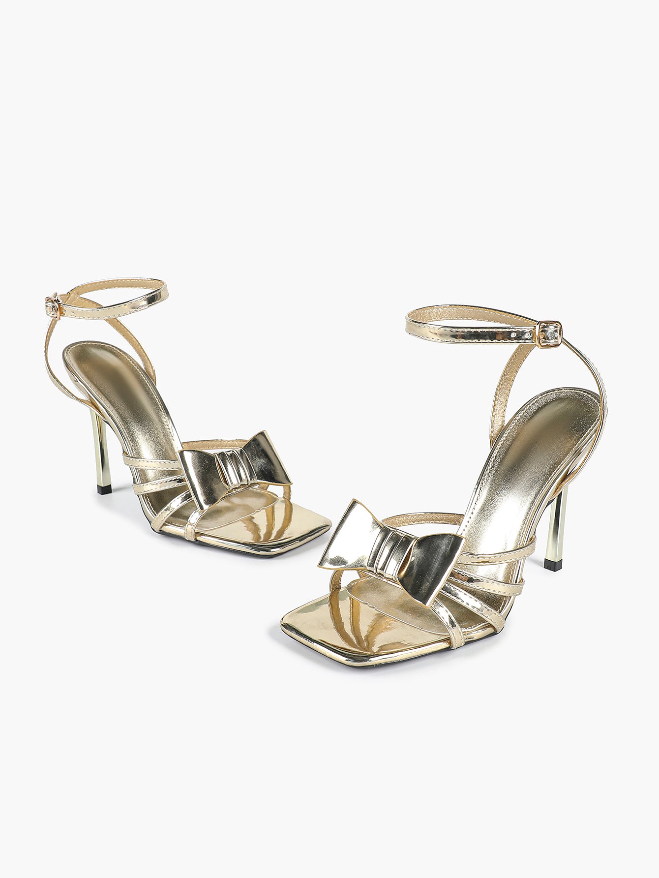 Patent Leather Bow Ankle Strap Heeled Sandals, Square Toe Stiletto Pumps Party Festive