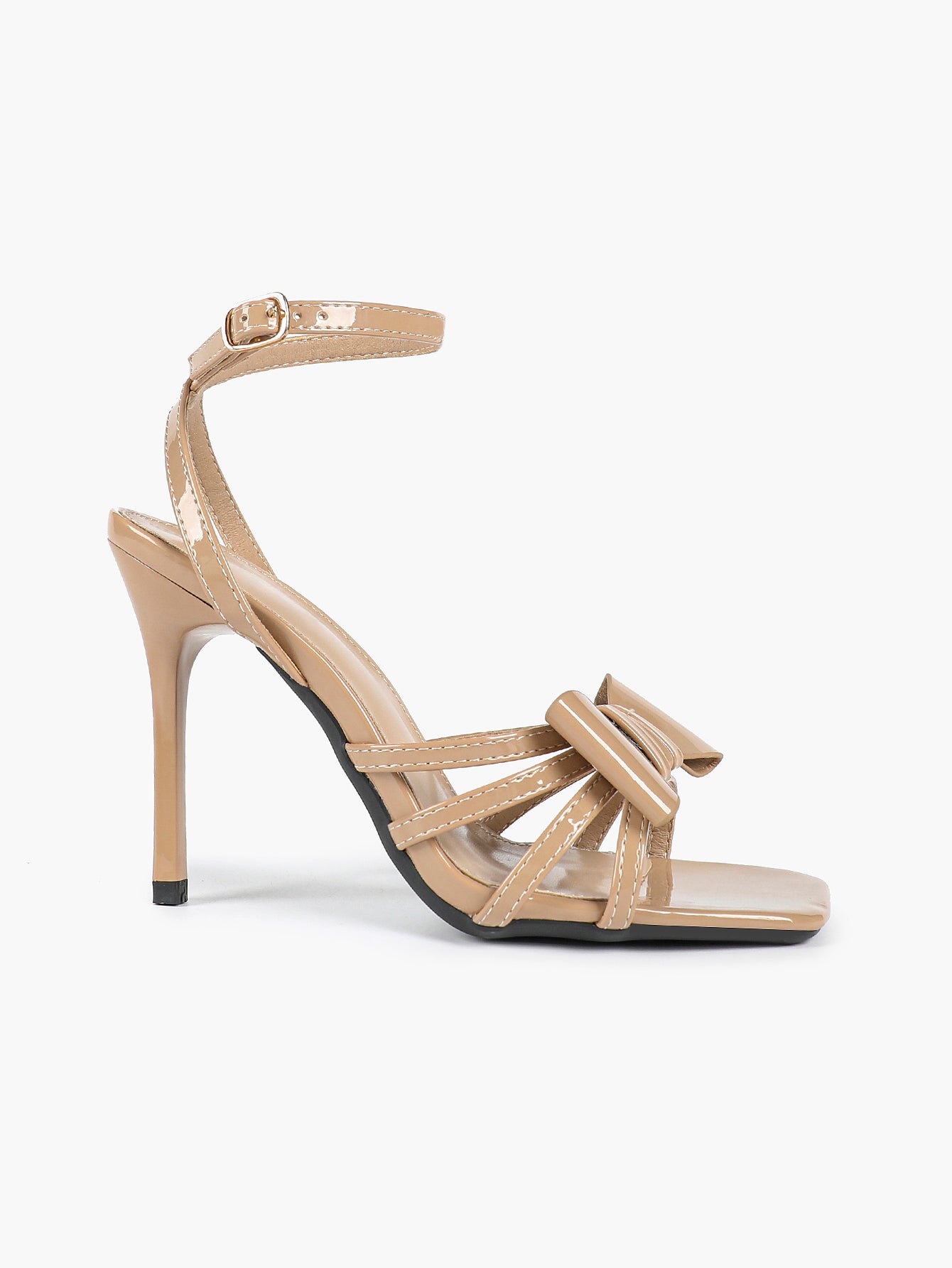 Patent Leather Bow Ankle Strap Heeled Sandals, Square Toe Stiletto Pumps Party Festive