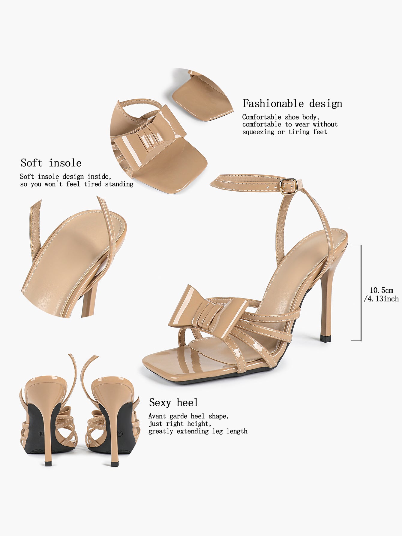 Patent Leather Bow Ankle Strap Heeled Sandals, Square Toe Stiletto Pumps Party Festive