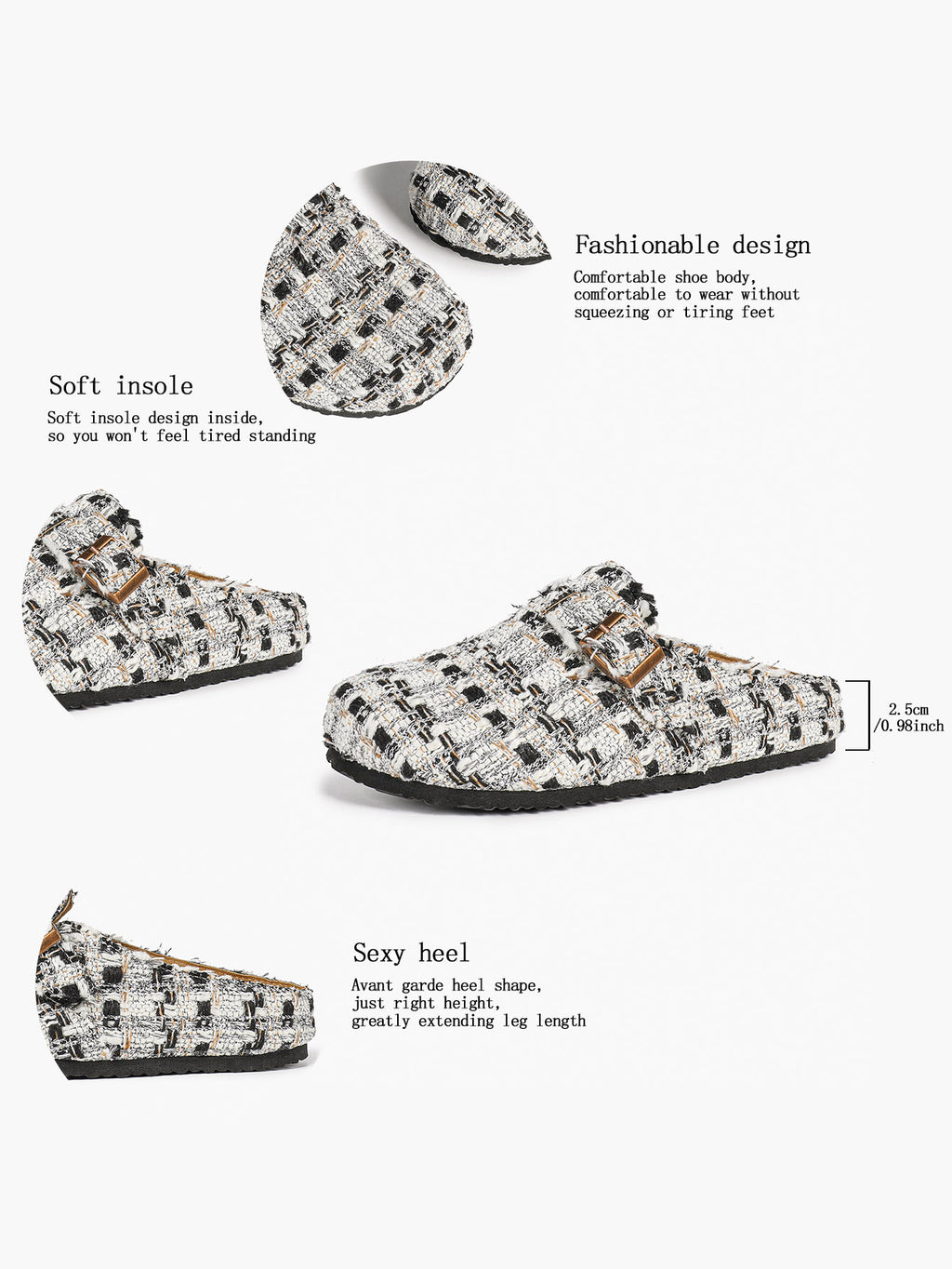 Women's Fuzzy Felt Clogs Adjustable Buckle Slip-On Mules Flat Shoes for Indoor, Outdoor Casual Wear