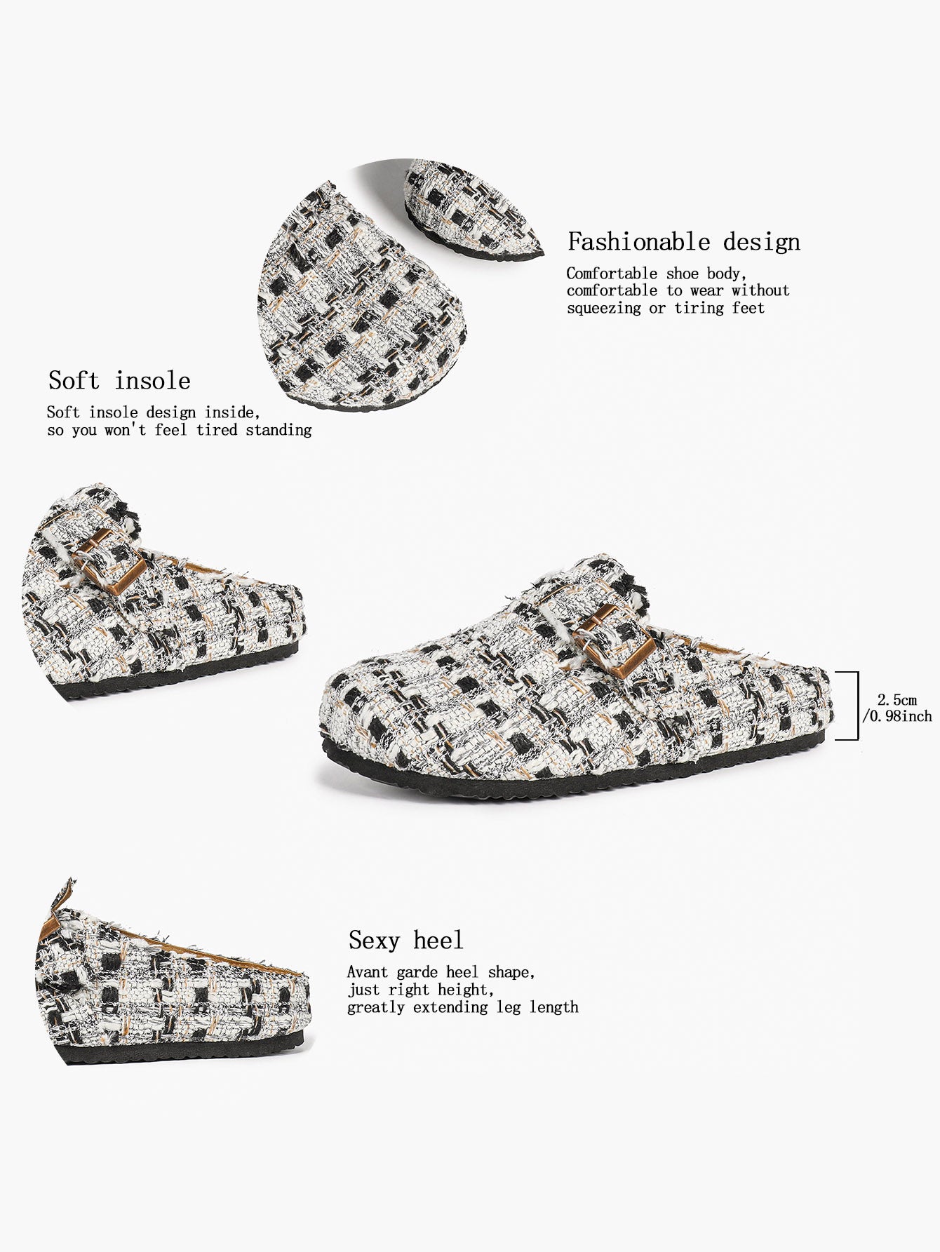 Women's Fuzzy Felt Clogs Adjustable Buckle Slip-On Mules Flat Shoes for Indoor, Outdoor Casual Wear